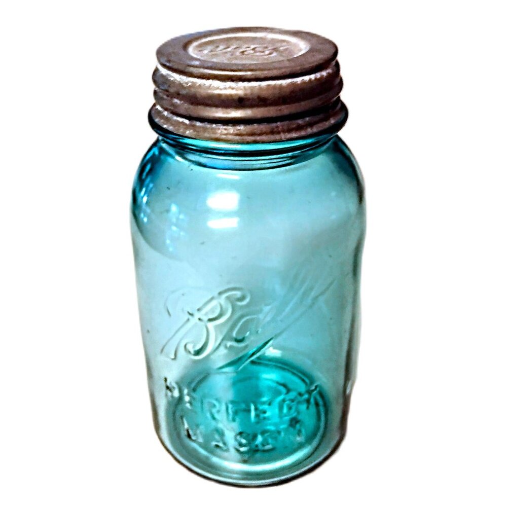 Vintage BALL Perfect Mason Aqua Blue Quart Jar ~ Zinc Lid/White Seal ~ "2 C"